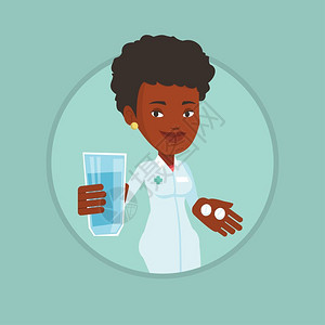 手拿药片和水的非洲女医生卡通矢量插画图片