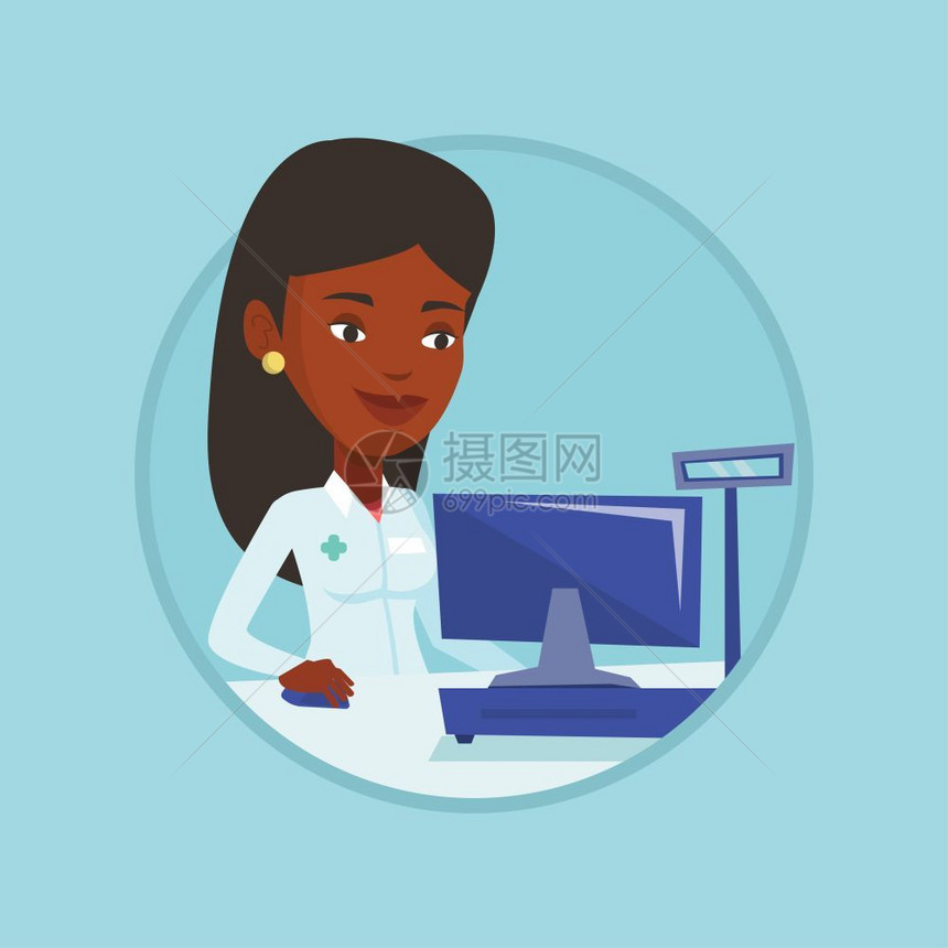 站在电脑前的非洲女医生卡通矢量插画图片