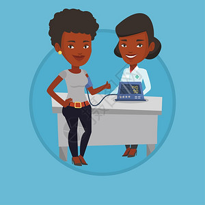 非洲女医生为病人测量血压卡通矢量插画图片