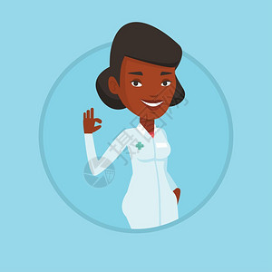 比OK手势微笑的非洲女医生卡通矢量插画图片