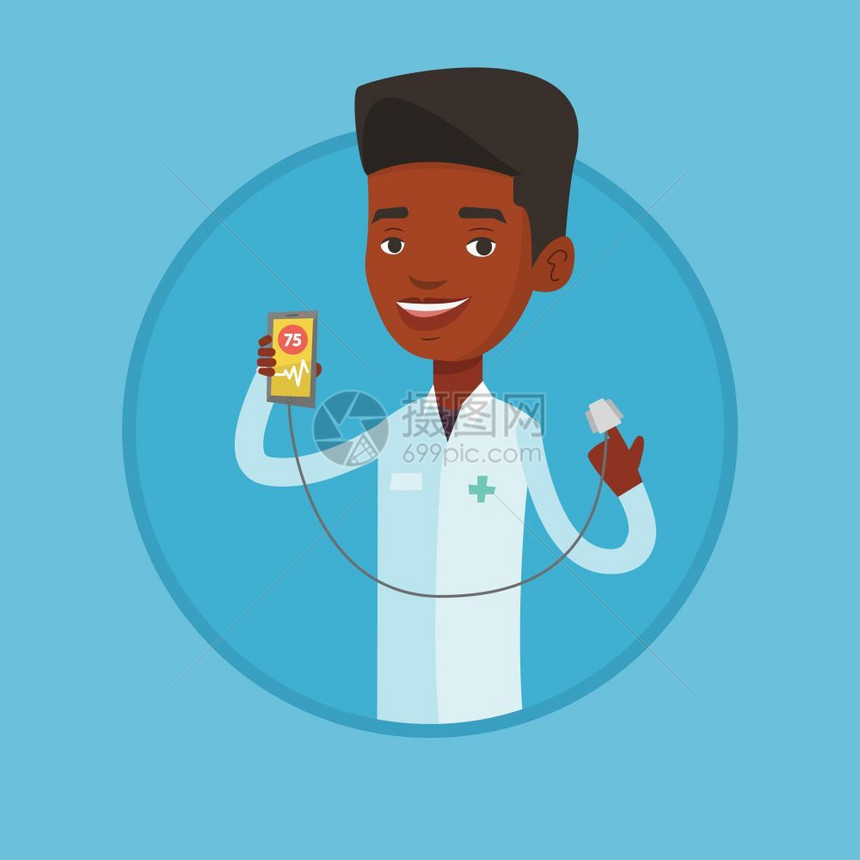 使用智能手机测量心跳的非洲男医生卡通矢量插画图片