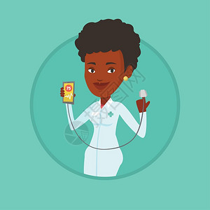 使用智能手机测量心跳的非洲女医生卡通矢量插画图片