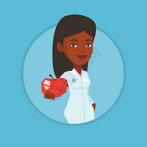 女营养师手拿苹果展示手拿苹果的非洲女医生卡通矢量插画插画