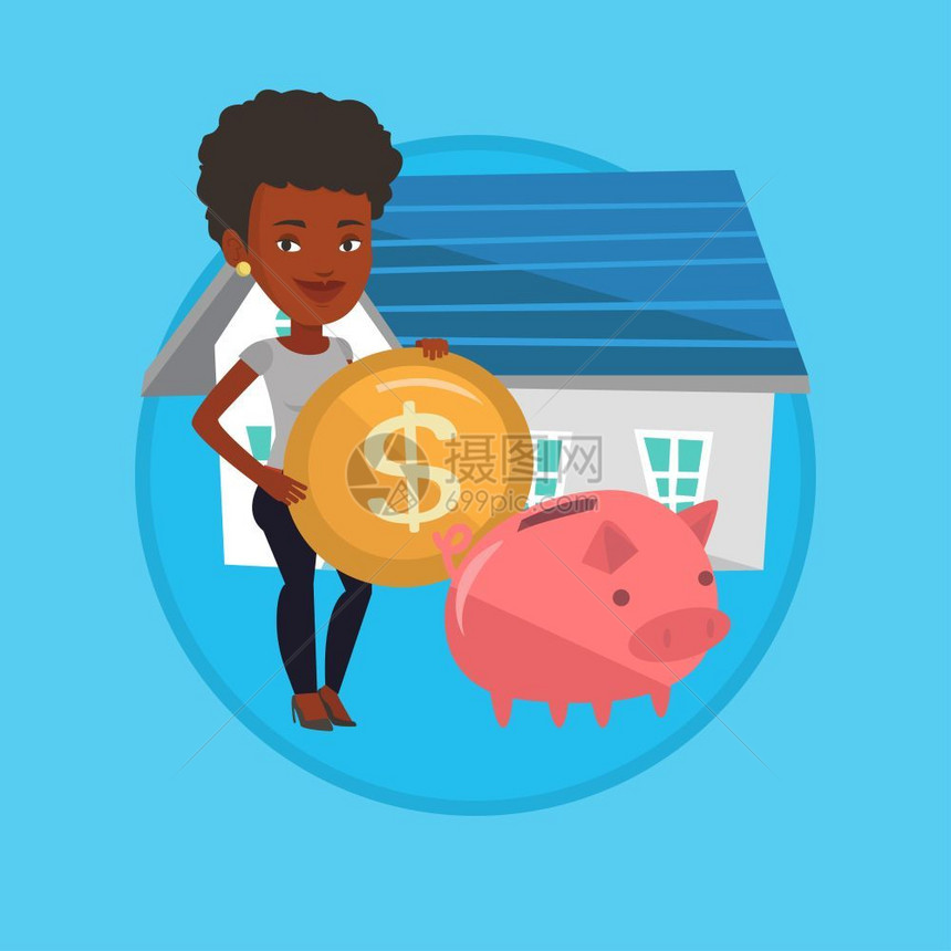 在小猪银行投放硬币的非洲女士卡通矢量插画图片
