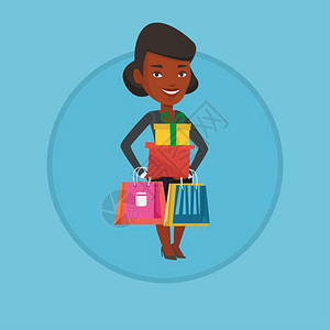 抱着礼物和礼盒的非洲女人卡通矢量插画图片