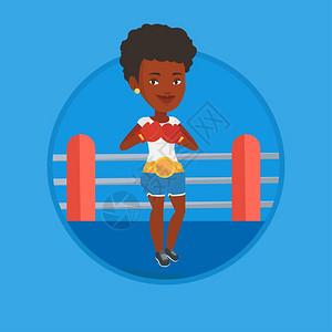 站在拳击台上的非洲女拳手正卡通矢量插画背景图片