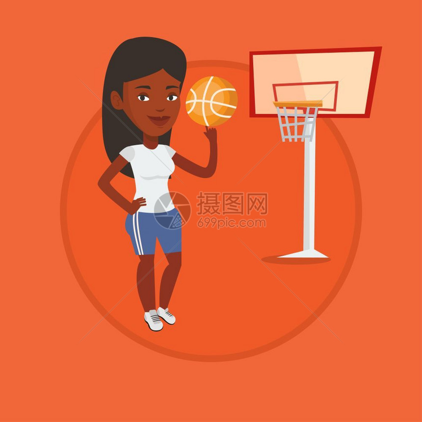 站在篮球场上用手指旋转篮球的非洲女运动员卡通矢量插画图片