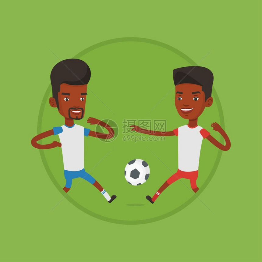 两名比赛踢足球的非洲男球员卡通矢量插画图片