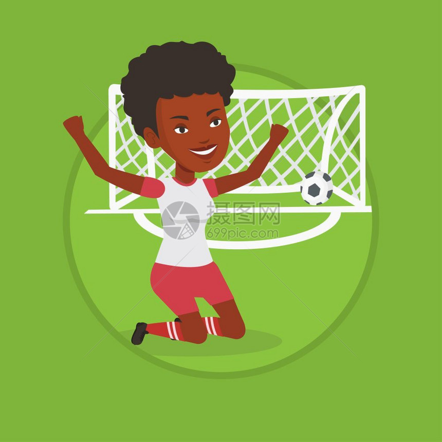 跪在球门前庆祝得分的非洲女足球运动员卡通矢量插画图片