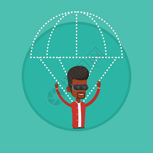 使用VR眼镜模拟跳伞的非洲男青年卡通矢量插画图片