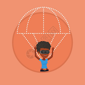 使用VR眼镜模拟跳伞的非洲女青年卡通矢量插画图片