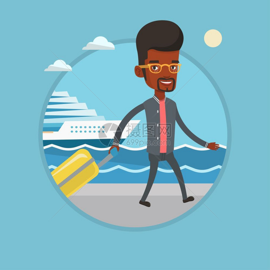 携带手提箱前往码头乘坐游轮的非洲男子卡通矢量插画图片