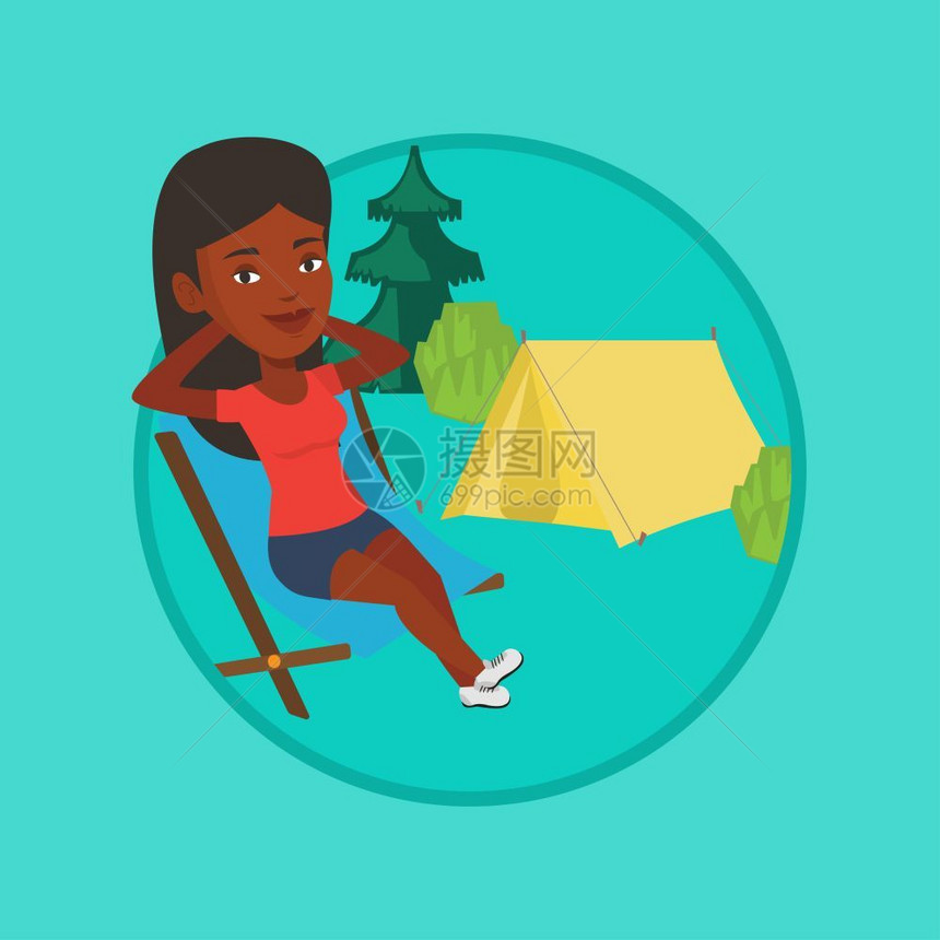 在露营中放松坐在椅子上的非洲女人卡通矢量插画图片