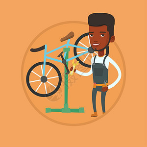 在自行车间工作的非洲男技师卡通矢量插画图片