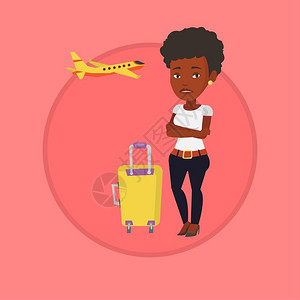 提着行李箱误机的非洲女乘客卡通矢量插画图片