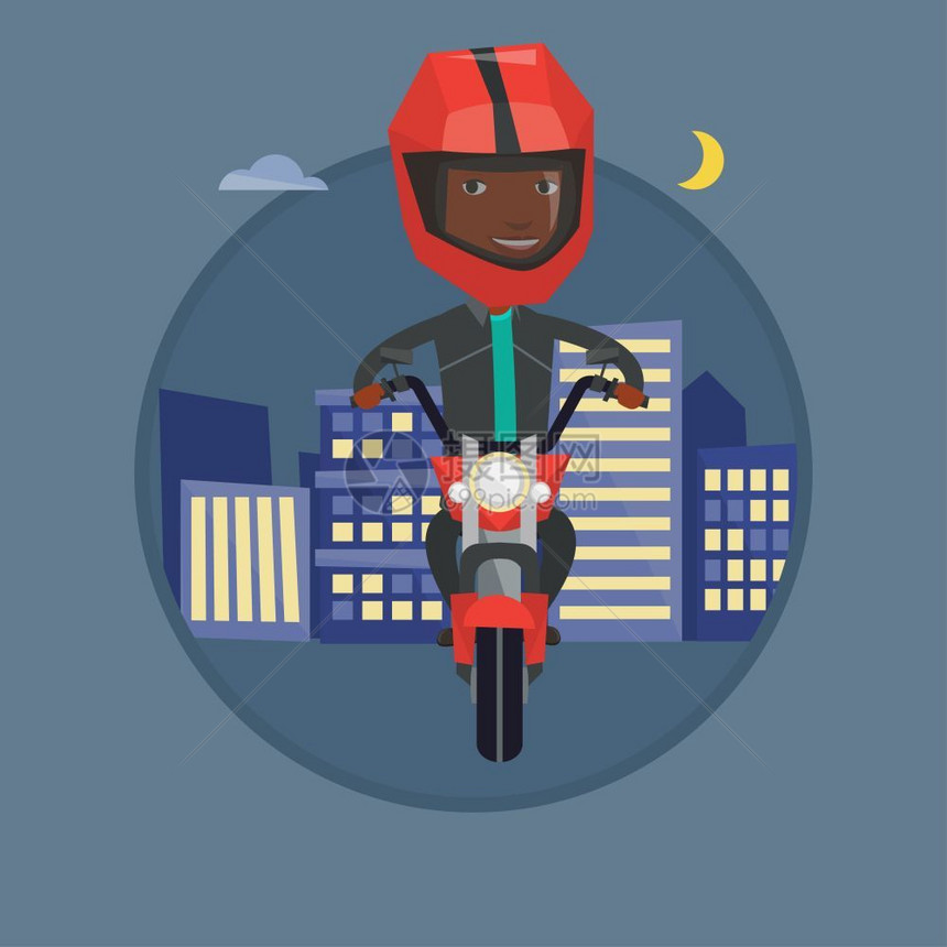 在城市夜景下骑摩托车的非洲男人卡通矢量插画图片
