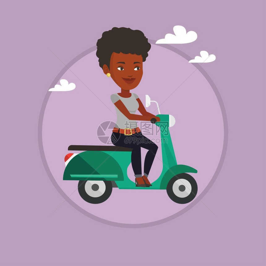 在户外骑摩托车是非洲女孩卡通矢量插画图片