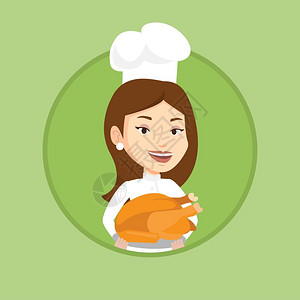 端着烤鸡的女厨师卡通矢量插画图片