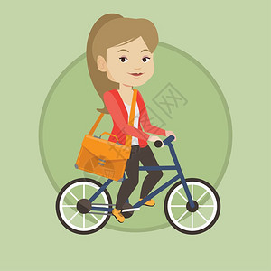 背着公文包骑自行车的年轻女孩卡通矢量插画图片