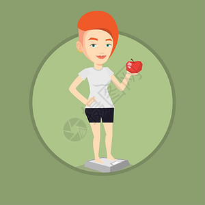 女营养师手拿苹果展示站在体重秤上手拿苹果的女青年卡通矢量插画插画