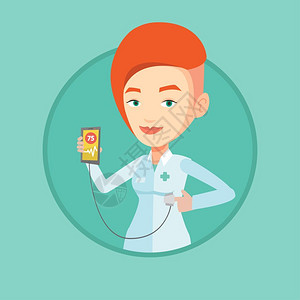 拿着智能手机测量心跳脉冲的女医生卡通矢量插画图片