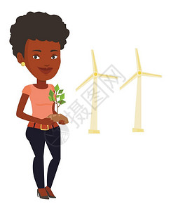 站在风力涡轮机前手拿植物的非洲女青年卡通矢量插画图片