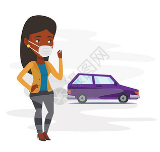 防烟面罩女子戴面罩以汽车减少污染矢量平板插图插画