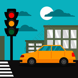 红绿灯展示器交叉行走的计程车平面图示插画