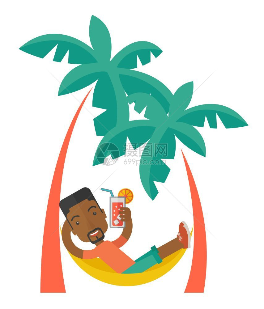 一位年轻黑人用两棵椰子树绑上跳床睡在里面喝鸡尾酒图片