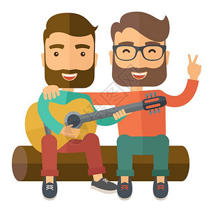 坐在木头上的两位男人快乐弹吉他图片