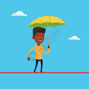 走在绳索上打着伞的非洲男青年卡通矢量插画图片