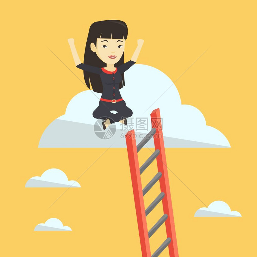 在梯子云上举起手来的亚洲女人矢量插图图片