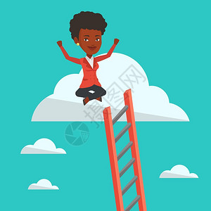 在梯子云上举起手来的非洲女人矢量插图图片