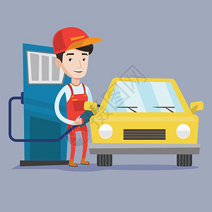 在加油站工作时微笑着的人加油站给汽车加油矢量平板设计图方形布局工人把燃料塞进汽车里背景图片