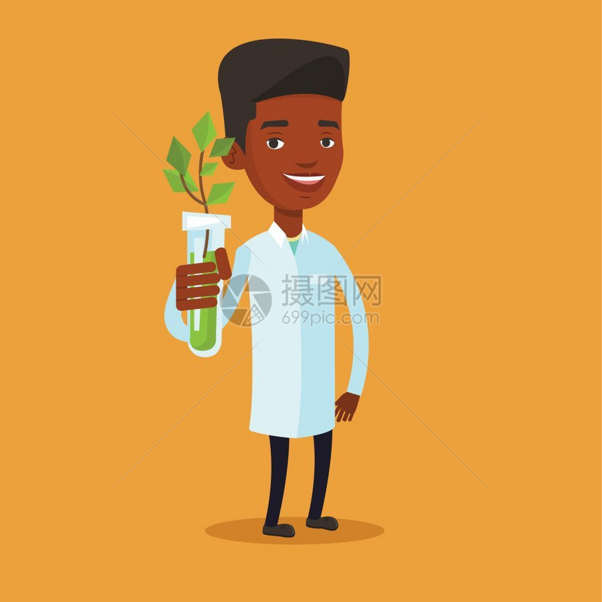 拿着培育植物试管的非洲男科学家卡通矢量插画图片