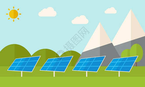 太阳能电池板图4个太阳电池板站在热下用于替代能源一种当代风格有糊调色板软蓝背景有不饱和的云层矢量平面设计图水平布局4个太阳能电池板插画