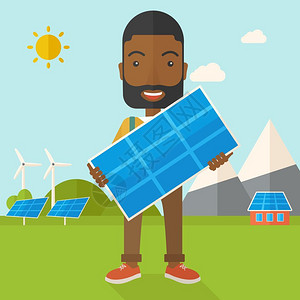一位快乐的非洲青年男子站在阳光下拿着太能电池板图片