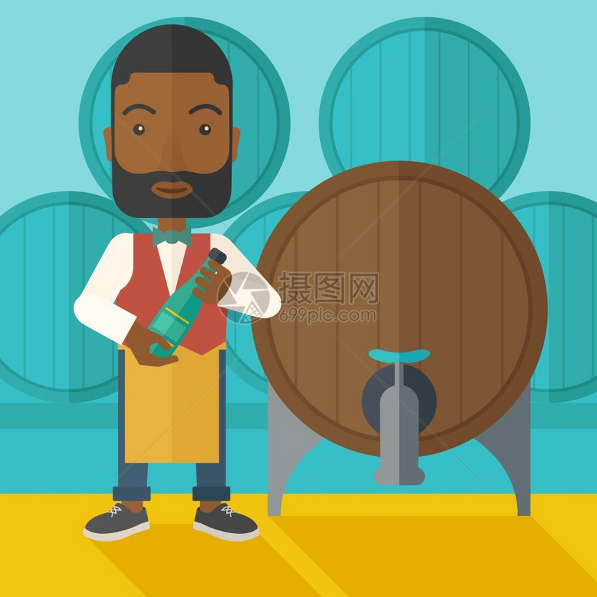一位非洲葡萄酒制造者站在他的围裙上拿着一瓶葡萄酒从储藏室的桶里检查一酒这是种当代风格面盘调色深蓝背景矢量平面设计图示方形布局非洲图片