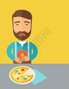 胃肠炎病人在吃一块披萨后胃痛或腹一种当代风格有糊调色盘黄有背景矢量平板设计图示垂直布局右侧有文字空间男人吃披萨后胃痛或腹插画