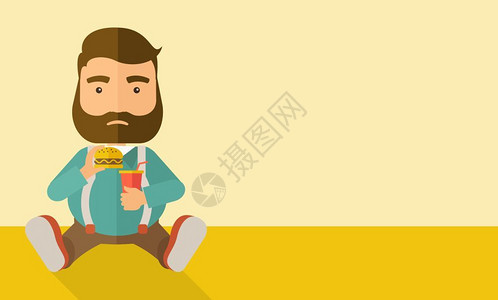 一个胖子坐在地板上一边吃汉堡喝苏打水食物概念一种当代风格面糊调色盘软米背景矢量平面设计图解水平布局右侧有文字空间胖子在吃饭时坐着背景图片