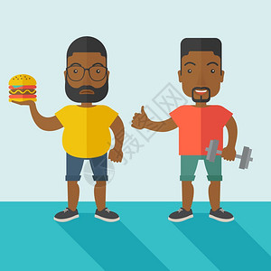 胖子和瘦子吃汉堡的胖子和健身的瘦子设计图片