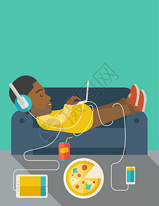 躺在玩平板一名躺在沙发上玩电脑的人插画