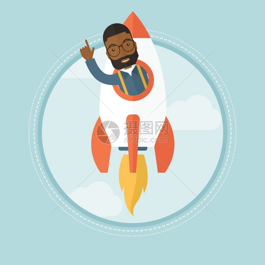坐在火箭上的非洲男商人卡通矢量插画图片
