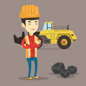 一个年轻工人站在一个大型挖土机旁的工人插画