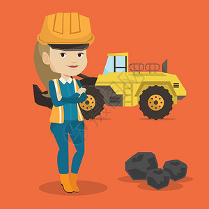 一个年轻工人站在一个大型挖土机旁的工人插画