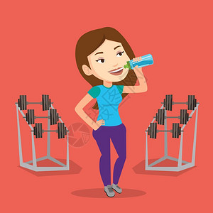 女健身房在健身房喝水的年轻女子插画
