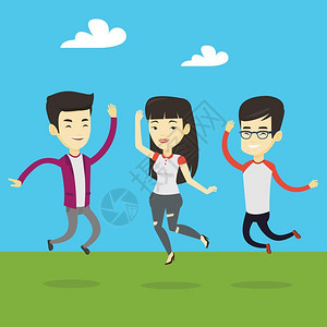 一群人跳起来快乐的一群年轻人在公园的草地上跳跃矢量插图插画