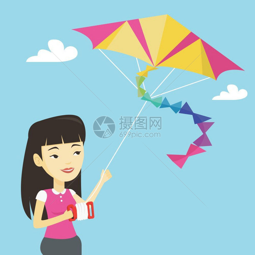 年轻的女放彩色风筝矢量平板设计插图图片