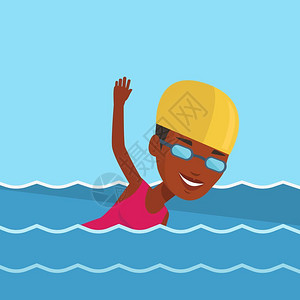 戴着泳帽和护目镜游泳的非洲女运动员卡通矢量插画背景图片