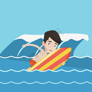水男人年轻男子冲浪者在冲浪板上矢量平面设计图插画